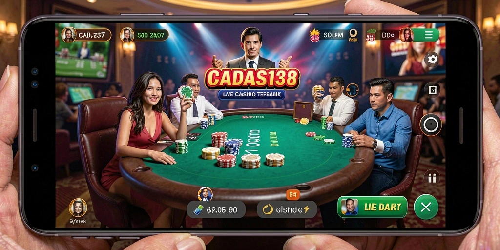 Screenshot gameplay Live Casino yang menampilkan dealer profesional dan pemain aktif.