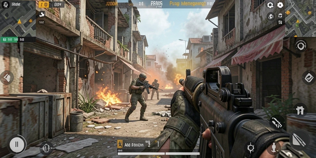 Screenshot utama J200M menampilkan aksi seru dalam gameplay FPS.