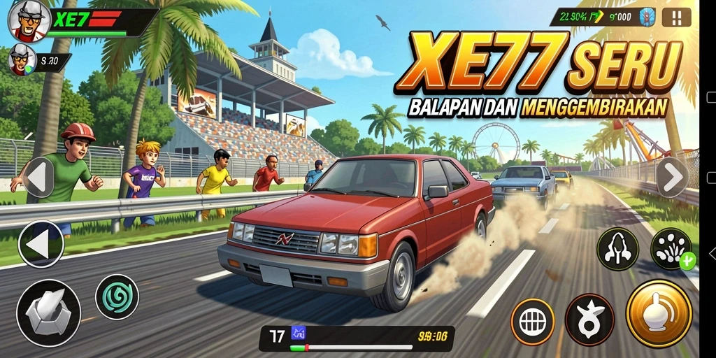 Tampilan gameplay seru di XE77 dengan balapan yang intens.